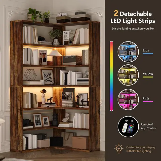 Alt view image 3 of 6 - Corner Bookshelf, 7 Tier Bookcase with LED Light and Storage, Industrial Tall Bookshelf Etagere Bookcase, 71 Corner Book Shelf with Storage Display Rack with Baffles for Home Office