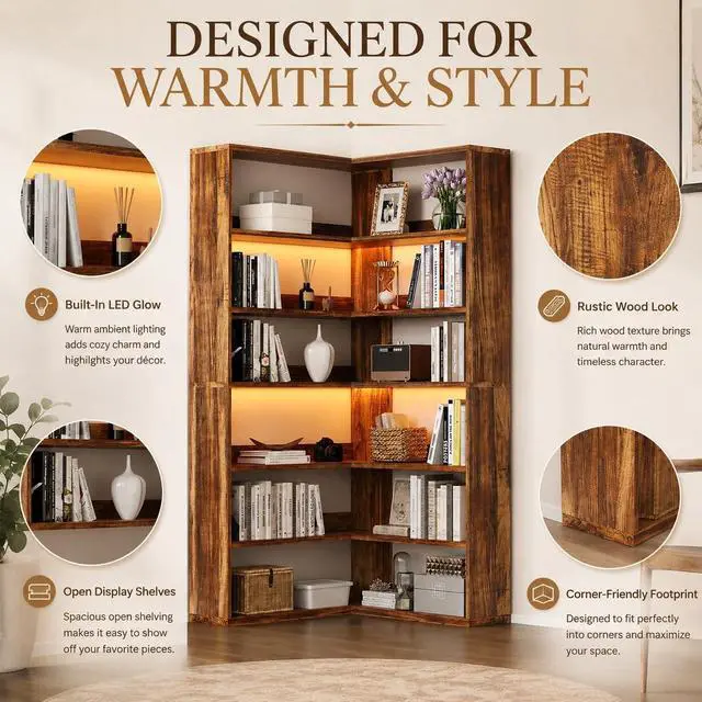 Alt view image 4 of 6 - Corner Bookshelf, 7 Tier Bookcase with LED Light and Storage, Industrial Tall Bookshelf Etagere Bookcase, 71 Corner Book Shelf with Storage Display Rack with Baffles for Home Office