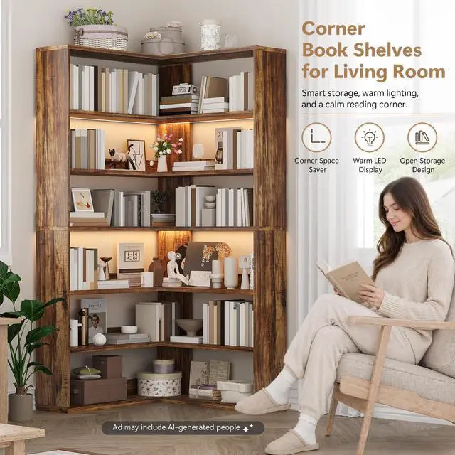 Alt view image 5 of 6 - Corner Bookshelf, 7 Tier Bookcase with LED Light and Storage, Industrial Tall Bookshelf Etagere Bookcase, 71 Corner Book Shelf with Storage Display Rack with Baffles for Home Office