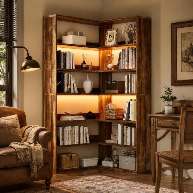 Alt view image 6 of 6 - Corner Bookshelf, 7 Tier Bookcase with LED Light and Storage, Industrial Tall Bookshelf Etagere Bookcase, 71 Corner Book Shelf with Storage Display Rack with Baffles for Home Office