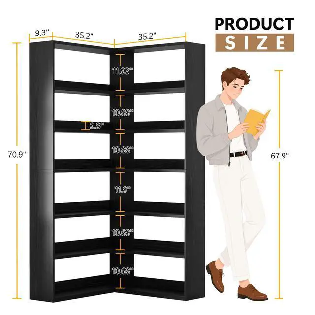 Alt view image 2 of 6 - 7 Tier Corner Book Shelf with LED Lights, 71 Tall Corner Bookshelf with Storage, Modern Storage Display Industrial L Shaped Bookshelf for Living Room, Study Room, Kitchen, Black