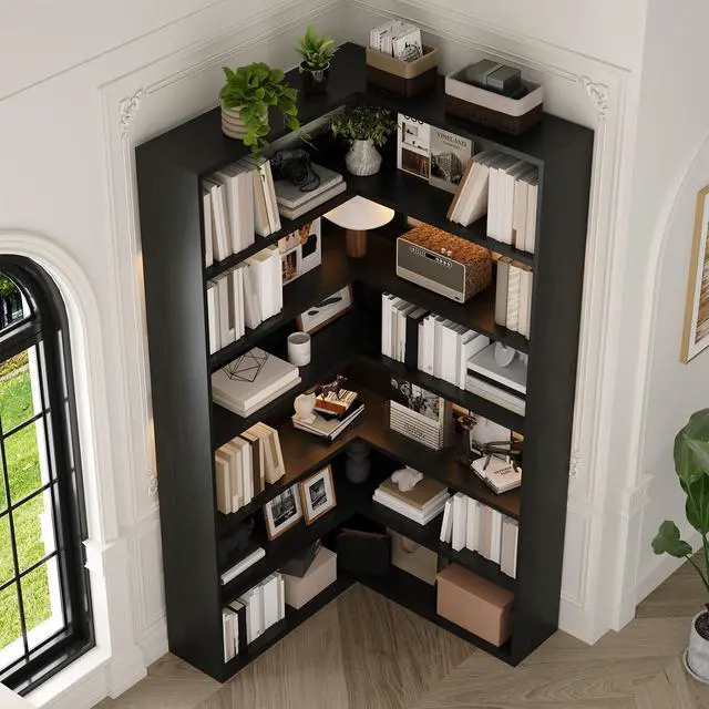 Alt view image 3 of 6 - 7 Tier Corner Book Shelf with LED Lights, 71 Tall Corner Bookshelf with Storage, Modern Storage Display Industrial L Shaped Bookshelf for Living Room, Study Room, Kitchen, Black