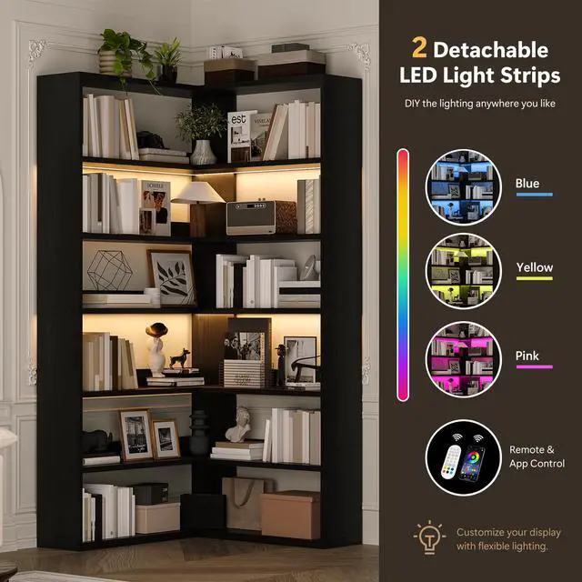 Alt view image 4 of 6 - 7 Tier Corner Book Shelf with LED Lights, 71 Tall Corner Bookshelf with Storage, Modern Storage Display Industrial L Shaped Bookshelf for Living Room, Study Room, Kitchen, Black