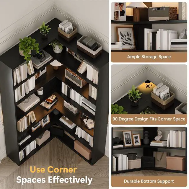 Alt view image 5 of 6 - 7 Tier Corner Book Shelf with LED Lights, 71 Tall Corner Bookshelf with Storage, Modern Storage Display Industrial L Shaped Bookshelf for Living Room, Study Room, Kitchen, Black