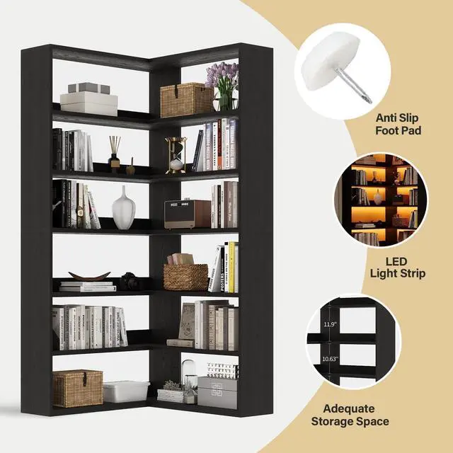 Alt view image 6 of 6 - 7 Tier Corner Book Shelf with LED Lights, 71 Tall Corner Bookshelf with Storage, Modern Storage Display Industrial L Shaped Bookshelf for Living Room, Study Room, Kitchen, Black