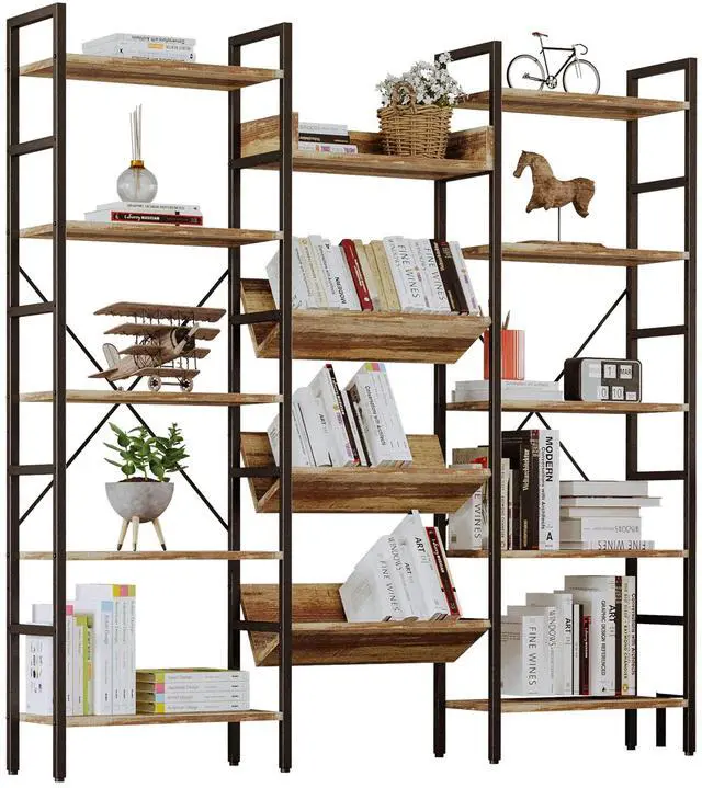 Main image of Bookshelf, Bookshelves and Bookcases, Triple Wide 5 Tiers Book Shelf with Baffles, Industrial Bookshelf with Metal Frame for Living Room, Home Office