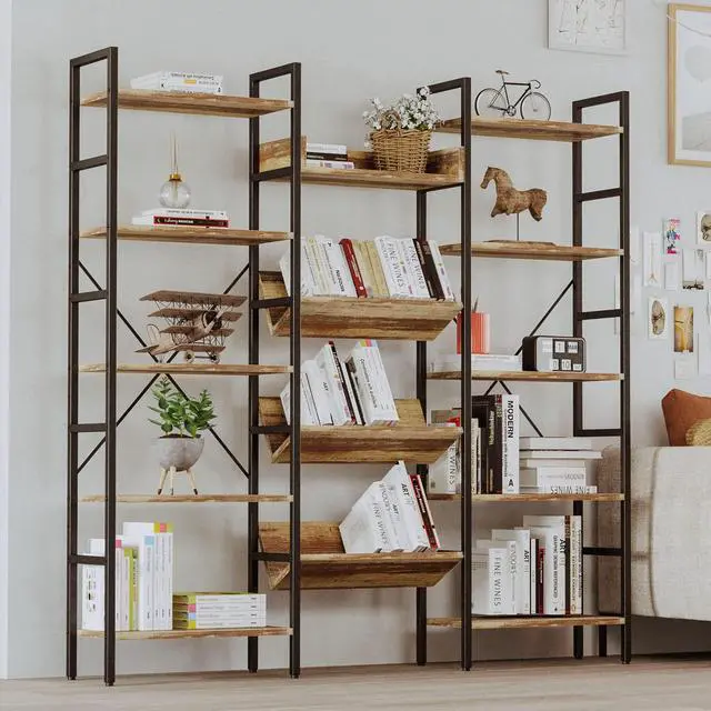 Alt view image 2 of 6 - Bookshelf, Bookshelves and Bookcases, Triple Wide 5 Tiers Book Shelf with Baffles, Industrial Bookshelf with Metal Frame for Living Room, Home Office