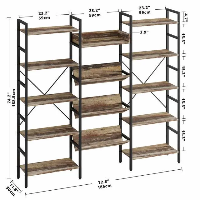 Alt view image 3 of 6 - Bookshelf, Bookshelves and Bookcases, Triple Wide 5 Tiers Book Shelf with Baffles, Industrial Bookshelf with Metal Frame for Living Room, Home Office