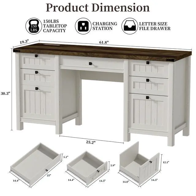 Alt view image 2 of 6 - Executive Desk, Modern Farmhouse Computer Desk with Drawers & Cabinet, Home Office Desk for Work Study Writing Workspace (Antique White, 62")