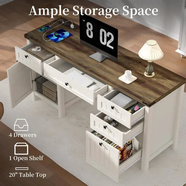 Alt view image 3 of 6 - Executive Desk, Modern Farmhouse Computer Desk with Drawers & Cabinet, Home Office Desk for Work Study Writing Workspace (Antique White, 62")