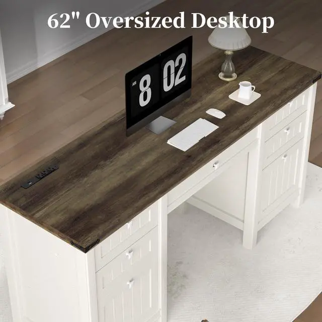 Alt view image 4 of 6 - Executive Desk, Modern Farmhouse Computer Desk with Drawers & Cabinet, Home Office Desk for Work Study Writing Workspace (Antique White, 62")