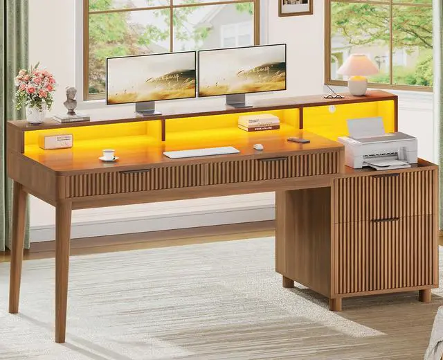 Main image of Modern Office Desk with 4 Drawers, 59" Fluted Gaming Computer Desk with Storage, LED Lights and Power Strip, Wood Writing Desk Study Table for Home Office, Living Room, Bedroom, Brown