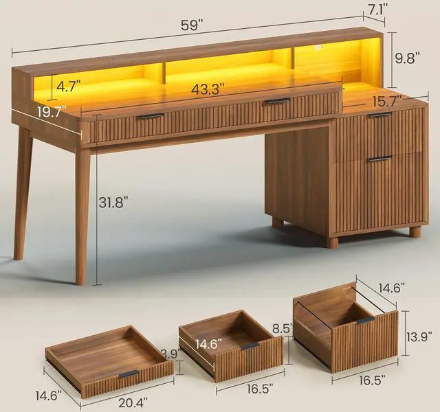 Alt view image 2 of 6 - Modern Office Desk with 4 Drawers, 59" Fluted Gaming Computer Desk with Storage, LED Lights and Power Strip, Wood Writing Desk Study Table for Home Office, Living Room, Bedroom, Brown