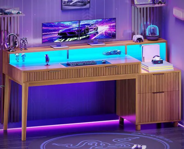 Alt view image 3 of 6 - Modern Office Desk with 4 Drawers, 59" Fluted Gaming Computer Desk with Storage, LED Lights and Power Strip, Wood Writing Desk Study Table for Home Office, Living Room, Bedroom, Brown