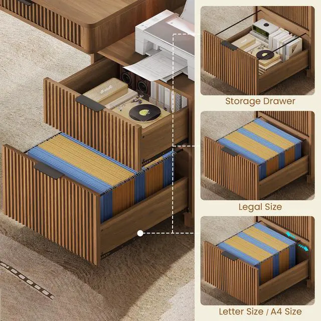 Alt view image 4 of 6 - Modern Office Desk with 4 Drawers, 59" Fluted Gaming Computer Desk with Storage, LED Lights and Power Strip, Wood Writing Desk Study Table for Home Office, Living Room, Bedroom, Brown