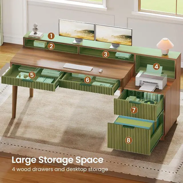 Alt view image 5 of 6 - Modern Office Desk with 4 Drawers, 59" Fluted Gaming Computer Desk with Storage, LED Lights and Power Strip, Wood Writing Desk Study Table for Home Office, Living Room, Bedroom, Brown