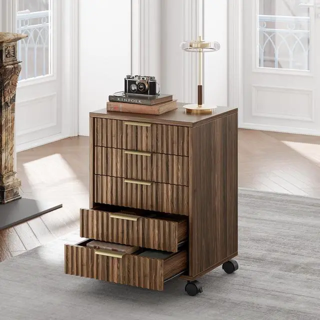 Main image of 5 Drawer Chest, Under Desk Storage Wood Drawers with Wheels, Fluted File Cabinet for Home Office, Black Walnut