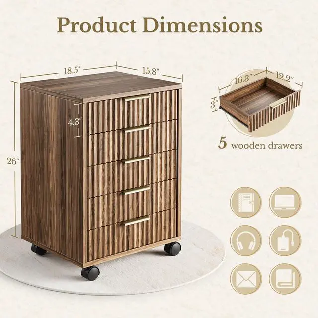 Alt view image 2 of 6 - 5 Drawer Chest, Under Desk Storage Wood Drawers with Wheels, Fluted File Cabinet for Home Office, Black Walnut