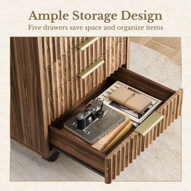 Alt view image 4 of 6 - 5 Drawer Chest, Under Desk Storage Wood Drawers with Wheels, Fluted File Cabinet for Home Office, Black Walnut