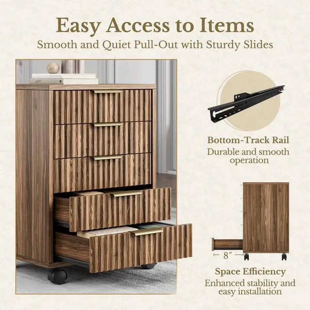 Alt view image 6 of 6 - 5 Drawer Chest, Under Desk Storage Wood Drawers with Wheels, Fluted File Cabinet for Home Office, Black Walnut