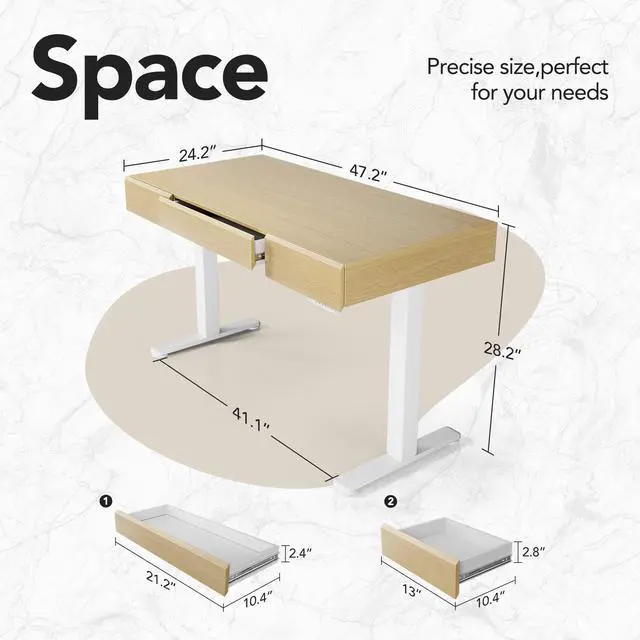 Alt view image 2 of 6 - 48 Inch Standing Desk with Drawers, Electric Adjustable Height Stand Up Desk with Storage, Whole-Piece Board Computer Workstation for Home Office, Light Walnut