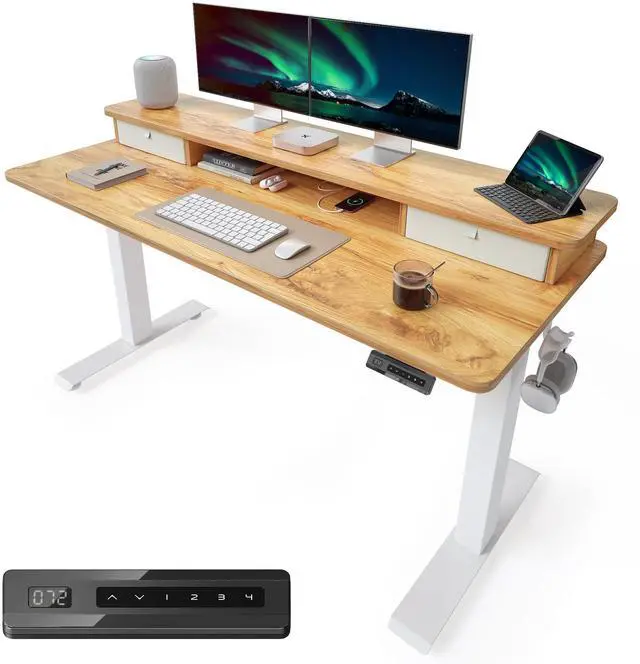 Main image of 55 x 24 Electric Standing Desk with Double Storage Drawers, Height Adjustable Home Office Computer Workstation, 4 Adjustable Feet & 2 Hooks, Light Rustic