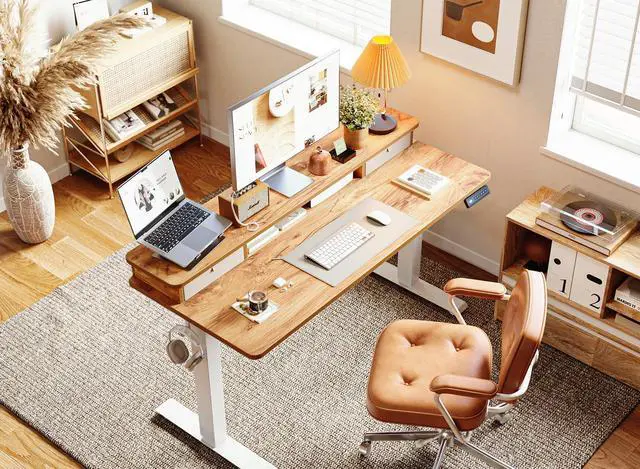 Alt view image 2 of 6 - 55 x 24 Electric Standing Desk with Double Storage Drawers, Height Adjustable Home Office Computer Workstation, 4 Adjustable Feet & 2 Hooks, Light Rustic