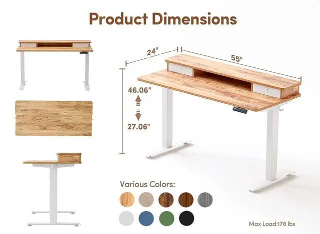 Alt view image 3 of 6 - 55 x 24 Electric Standing Desk with Double Storage Drawers, Height Adjustable Home Office Computer Workstation, 4 Adjustable Feet & 2 Hooks, Light Rustic