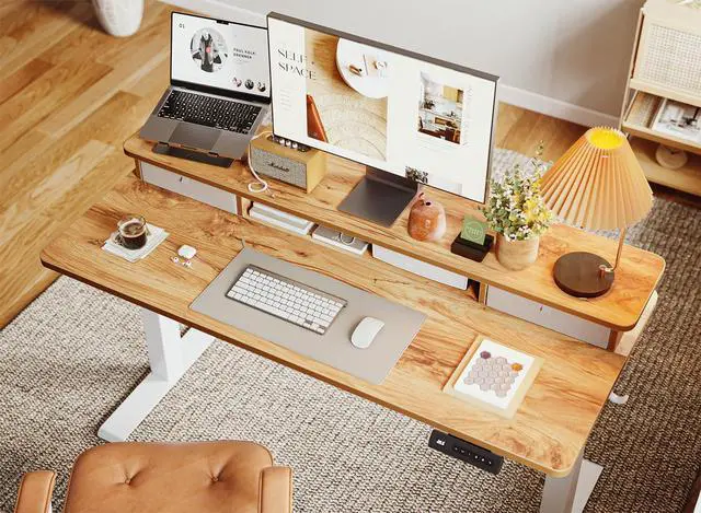 Alt view image 4 of 6 - 55 x 24 Electric Standing Desk with Double Storage Drawers, Height Adjustable Home Office Computer Workstation, 4 Adjustable Feet & 2 Hooks, Light Rustic
