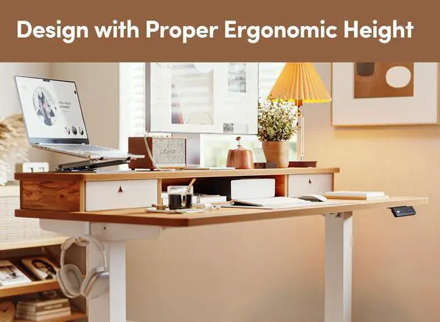 Alt view image 5 of 6 - 55 x 24 Electric Standing Desk with Double Storage Drawers, Height Adjustable Home Office Computer Workstation, 4 Adjustable Feet & 2 Hooks, Light Rustic