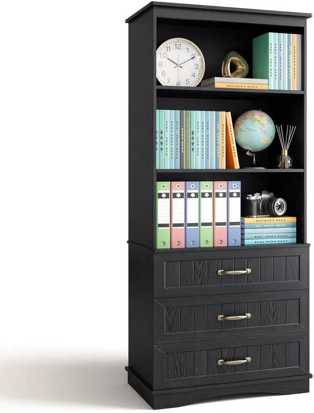Main image of 70'' Tall Bookcase with 3 Drawers Wooden Bookshelf with Storage Cabinet Multifunctional Book Storage Organizer for Office Living Room and Bathroom,Black