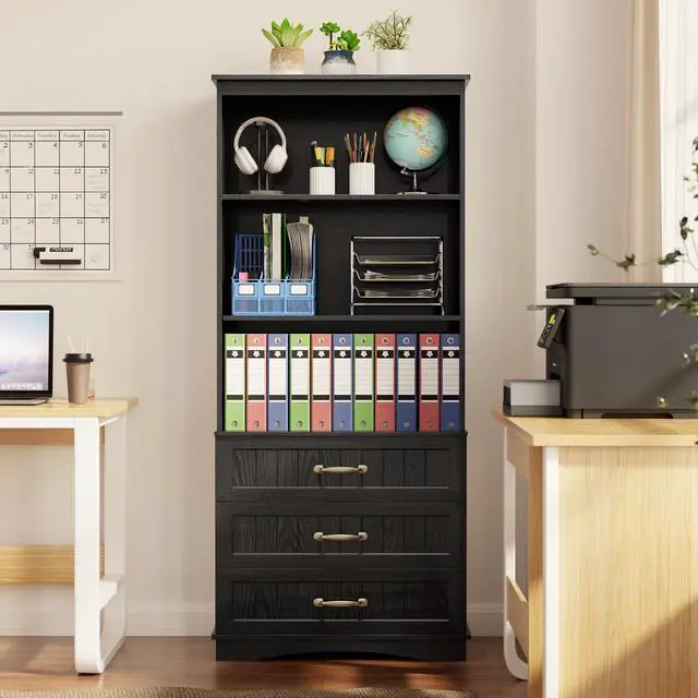 Alt view image 2 of 6 - 70'' Tall Bookcase with 3 Drawers Wooden Bookshelf with Storage Cabinet Multifunctional Book Storage Organizer for Office Living Room and Bathroom,Black