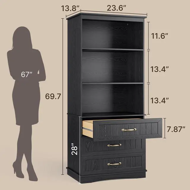 Alt view image 3 of 6 - 70'' Tall Bookcase with 3 Drawers Wooden Bookshelf with Storage Cabinet Multifunctional Book Storage Organizer for Office Living Room and Bathroom,Black
