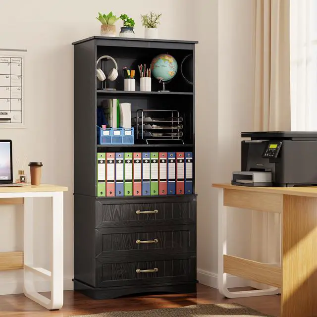 Alt view image 4 of 6 - 70'' Tall Bookcase with 3 Drawers Wooden Bookshelf with Storage Cabinet Multifunctional Book Storage Organizer for Office Living Room and Bathroom,Black
