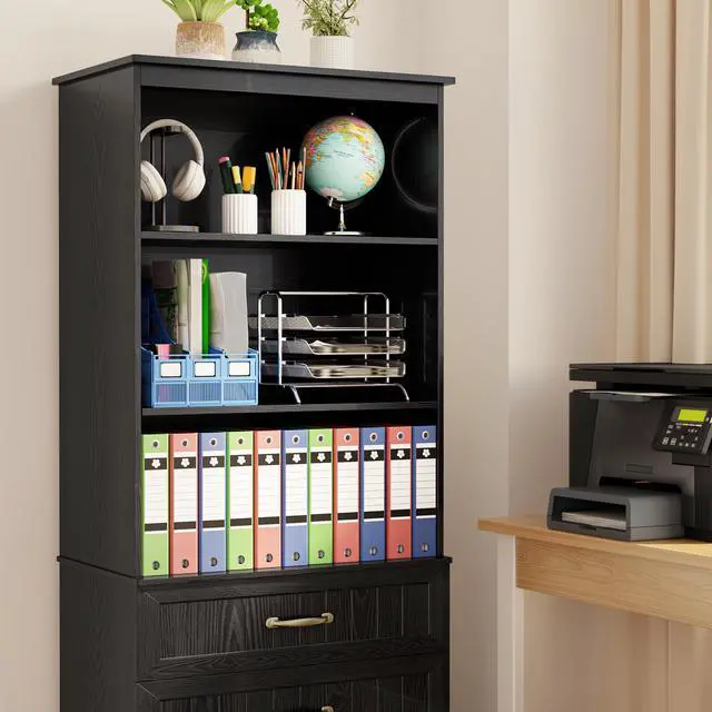 Alt view image 5 of 6 - 70'' Tall Bookcase with 3 Drawers Wooden Bookshelf with Storage Cabinet Multifunctional Book Storage Organizer for Office Living Room and Bathroom,Black