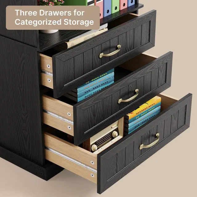 Alt view image 6 of 6 - 70'' Tall Bookcase with 3 Drawers Wooden Bookshelf with Storage Cabinet Multifunctional Book Storage Organizer for Office Living Room and Bathroom,Black