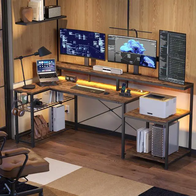 Main image of 71.5" L Computer Desk with Power Outlets, Rustic Brown | Printer Shelf, Adjustable Metal Grid, Adjustable Monitor Stand, Cup & Headset Hooks, 4AC 2USB Ports for Home Workspace