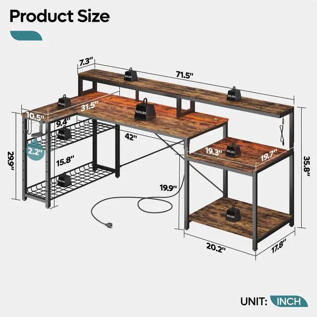 Alt view image 2 of 6 - 71.5" L Computer Desk with Power Outlets, Rustic Brown | Printer Shelf, Adjustable Metal Grid, Adjustable Monitor Stand, Cup & Headset Hooks, 4AC 2USB Ports for Home Workspace