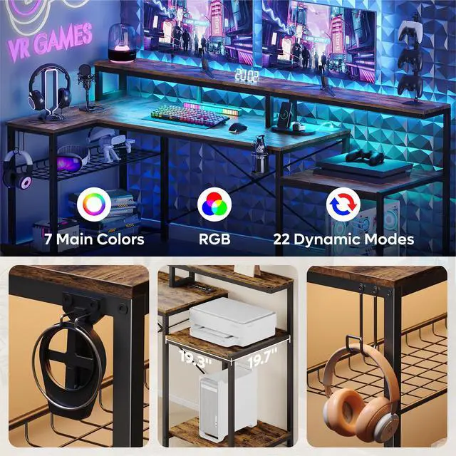 Alt view image 4 of 6 - 71.5" L Computer Desk with Power Outlets, Rustic Brown | Printer Shelf, Adjustable Metal Grid, Adjustable Monitor Stand, Cup & Headset Hooks, 4AC 2USB Ports for Home Workspace