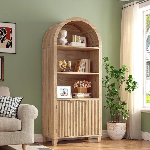 Main image of Book Shelf Arched Cabinet, 5-Tier Arch Bookcase with Doors and Adjustable Wood Shelves, Wooden Storage Cabinet with Open Display Shelf for Office,Living Room, Kitchen, Light Oak