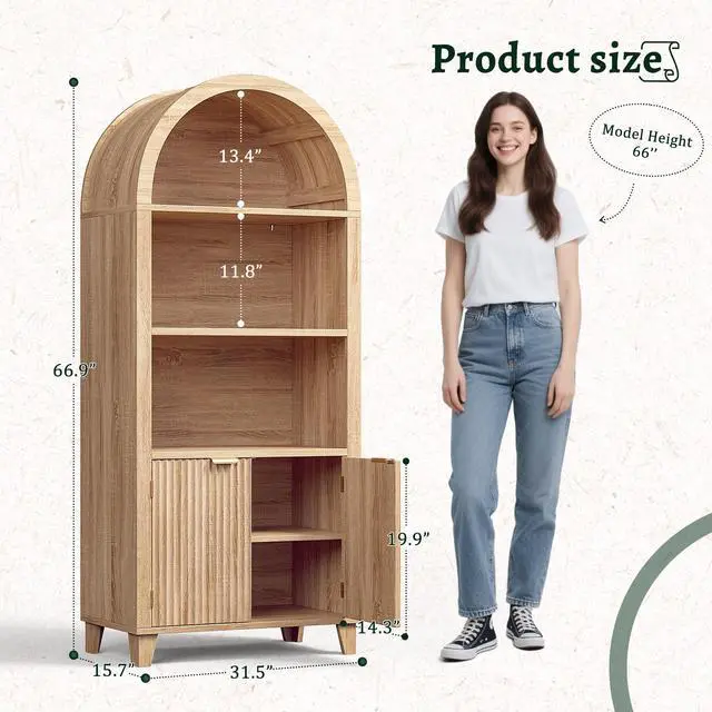 Alt view image 2 of 6 - Book Shelf Arched Cabinet, 5-Tier Arch Bookcase with Doors and Adjustable Wood Shelves, Wooden Storage Cabinet with Open Display Shelf for Office,Living Room, Kitchen, Light Oak