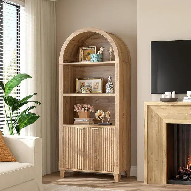 Alt view image 3 of 6 - Book Shelf Arched Cabinet, 5-Tier Arch Bookcase with Doors and Adjustable Wood Shelves, Wooden Storage Cabinet with Open Display Shelf for Office,Living Room, Kitchen, Light Oak