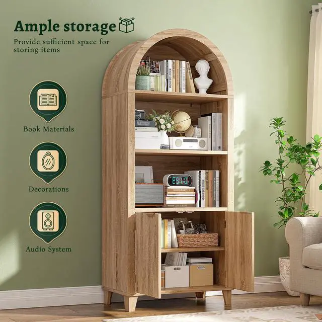 Alt view image 4 of 6 - Book Shelf Arched Cabinet, 5-Tier Arch Bookcase with Doors and Adjustable Wood Shelves, Wooden Storage Cabinet with Open Display Shelf for Office,Living Room, Kitchen, Light Oak
