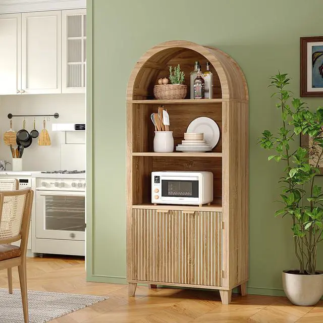 Alt view image 6 of 6 - Book Shelf Arched Cabinet, 5-Tier Arch Bookcase with Doors and Adjustable Wood Shelves, Wooden Storage Cabinet with Open Display Shelf for Office,Living Room, Kitchen, Light Oak