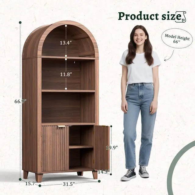 Alt view image 2 of 6 - Book Shelf Arched Cabinet, 5-Tier Arch Bookcase with Doors and Adjustable Wood Shelves, Wooden Storage Cabinet with Open Display Shelf for Office,Living Room, Kitchen,Walnut