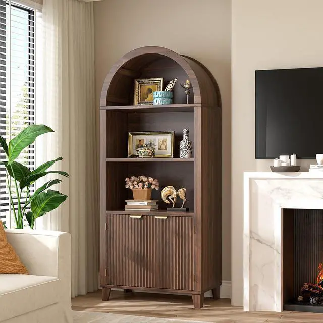 Alt view image 3 of 6 - Book Shelf Arched Cabinet, 5-Tier Arch Bookcase with Doors and Adjustable Wood Shelves, Wooden Storage Cabinet with Open Display Shelf for Office,Living Room, Kitchen,Walnut