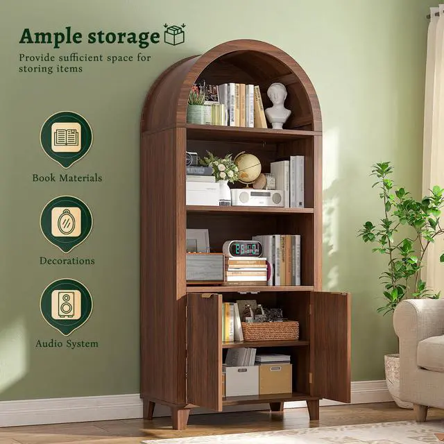 Alt view image 4 of 6 - Book Shelf Arched Cabinet, 5-Tier Arch Bookcase with Doors and Adjustable Wood Shelves, Wooden Storage Cabinet with Open Display Shelf for Office,Living Room, Kitchen,Walnut