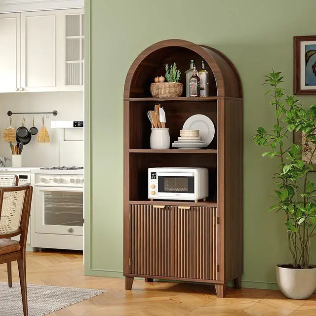 Alt view image 5 of 6 - Book Shelf Arched Cabinet, 5-Tier Arch Bookcase with Doors and Adjustable Wood Shelves, Wooden Storage Cabinet with Open Display Shelf for Office,Living Room, Kitchen,Walnut