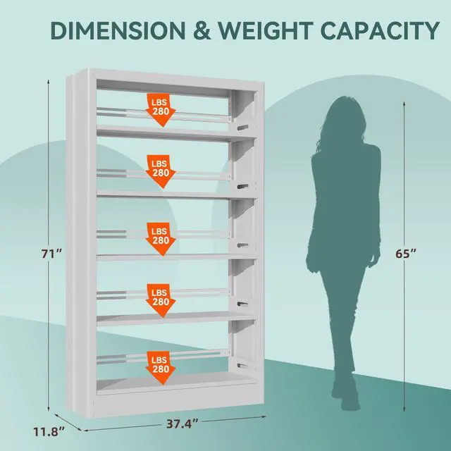 Alt view image 2 of 6 - 71" Metal Book Shelf,5 Tier Bookshelf with Adjustable Shelves,White Bookshleves and Bookcases,Heavy Duty Library Book Case,Modern Open Bookshelf for Living Room,Bedroom,Office (White)