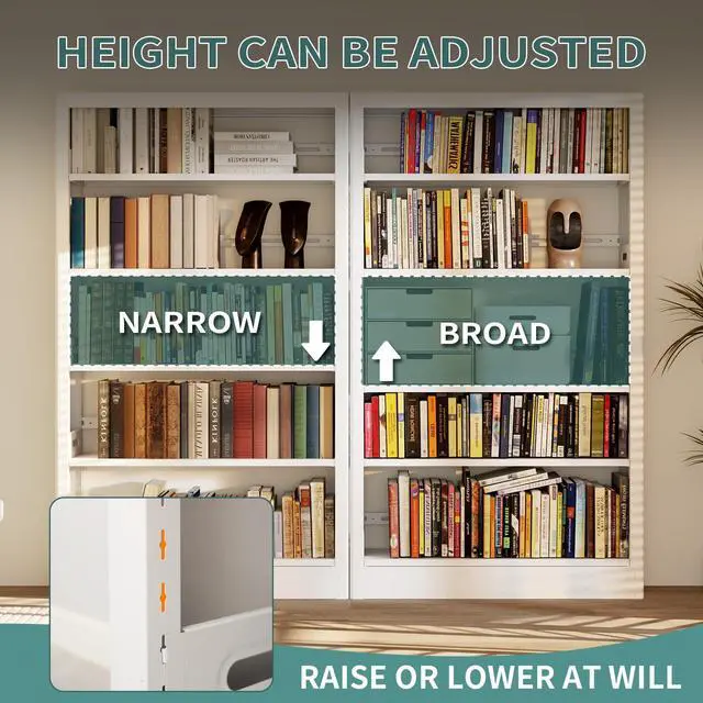 Alt view image 4 of 6 - 71" Metal Book Shelf,5 Tier Bookshelf with Adjustable Shelves,White Bookshleves and Bookcases,Heavy Duty Library Book Case,Modern Open Bookshelf for Living Room,Bedroom,Office (White)